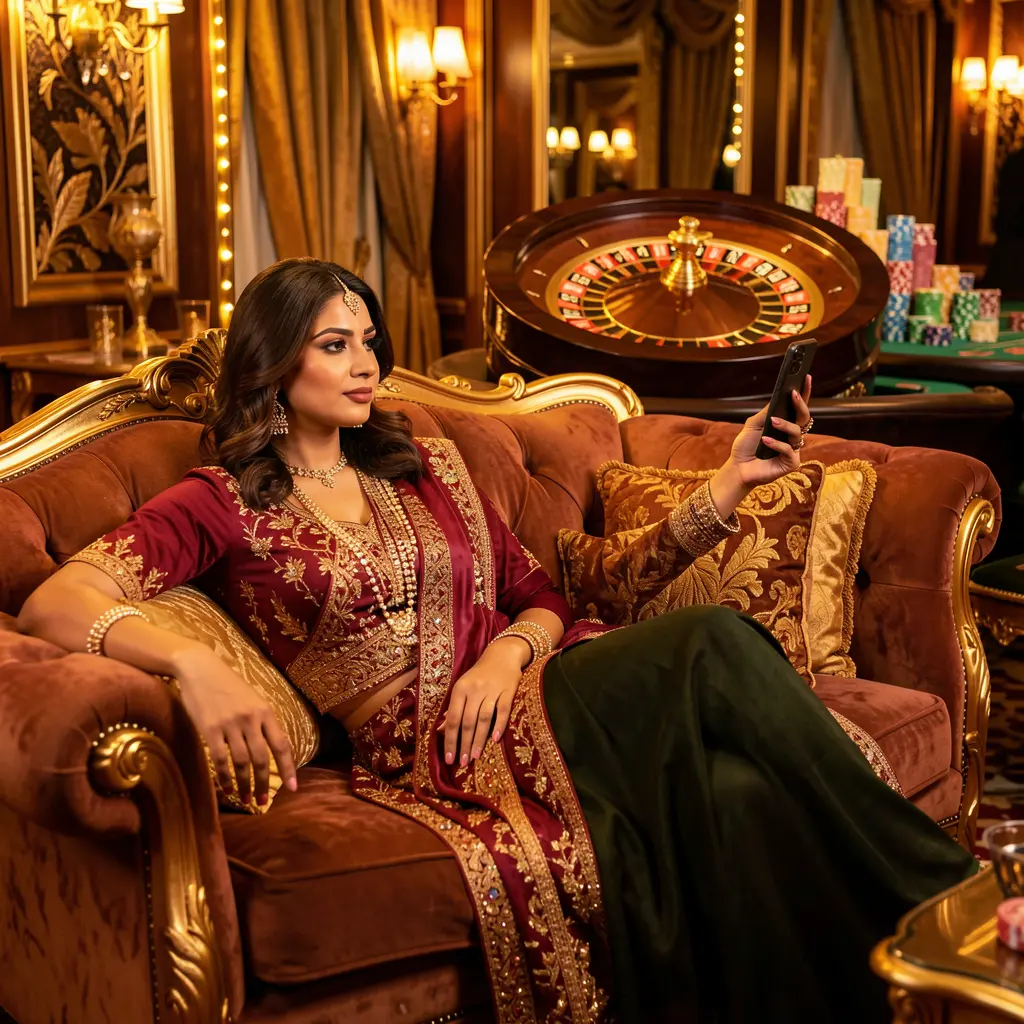 Stylish Bangladeshi woman using the EP44 casino app on her phone while relaxing in a luxurious casino setting with a glowing roulette wheel behind her