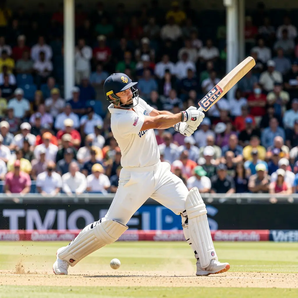 Dynamic cricket match moment with a batsman playing a powerful shot in front of cheering fans symbolizing exciting betting opportunities with EP44 in Bangladesh