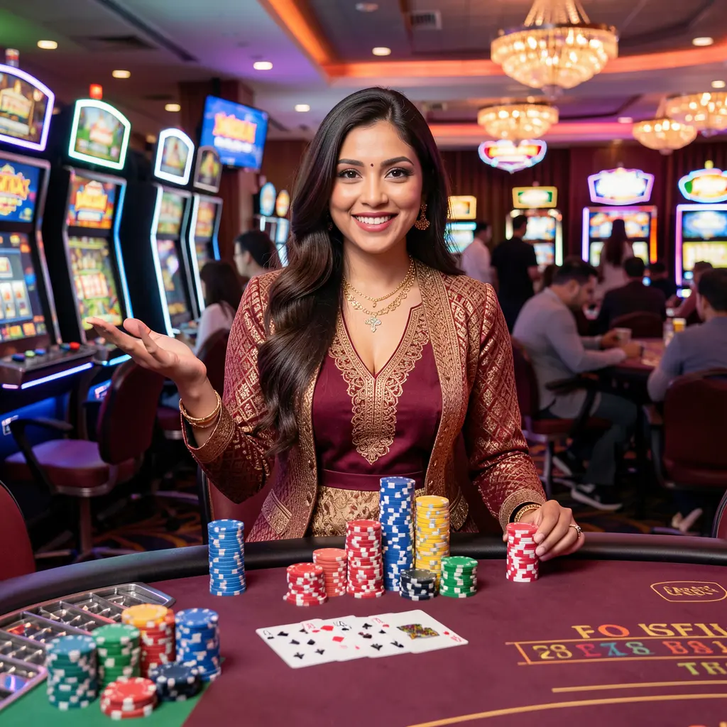 Smiling casino dealer standing by a glowing poker table with stacked chips highlighting the exciting live casino environment at EP44 for players in Bangladesh