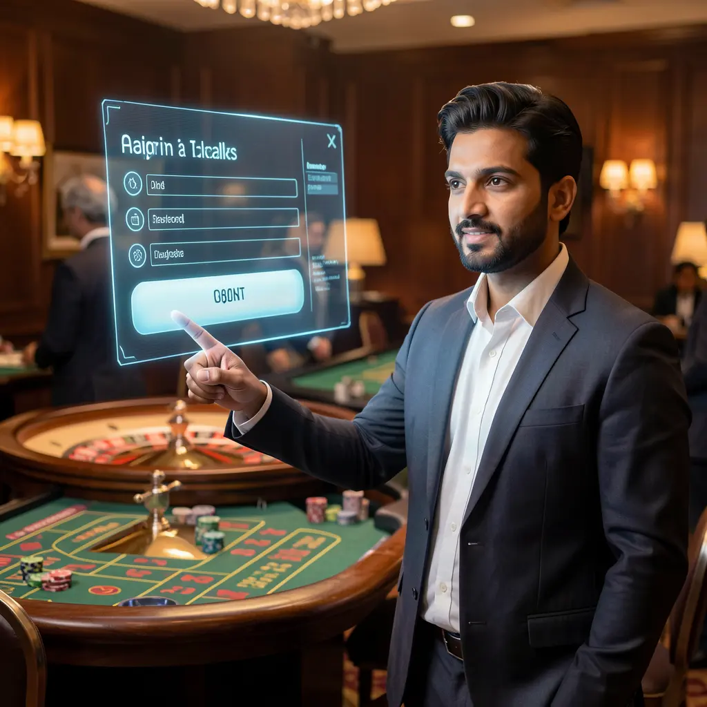 Professional casino dealer pointing at a futuristic holographic login panel with a glowing roulette table behind him representing secure access at EP44 in Bangladesh