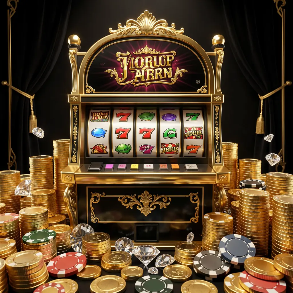 Elegant black and gold slot machine with triple sevens and flying casino chips showcasing the premium online slot experience at EP44 for Bangladesh players